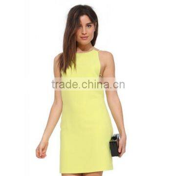 Sexy women yellow high neck sleeveless crossed back halter open back tight short mini prom dress