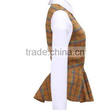 2015 Fashion Cotton Check Chiffon Ruffle Bottom Long Sleeves Direct Manufacturer High Quality Big Sleeve Blouse photo-3