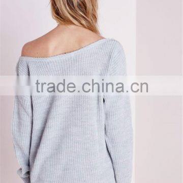 Custom Design Women Oversized Knitwear Plain Longline Sweater For Winter Off Shoulder Knitted Jumper Grey photo-2