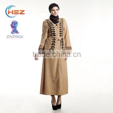 Zakiyyah E011 2017 Hot Sale Abaya Modern in Plover Case Printed Muslim Cardigan Brown Color Dress With Belt for Malaysia Women