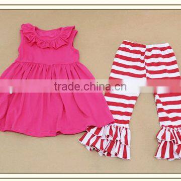 Wholesale Cotton Baby Clothes Kids Soild Color Dress And Ruffle Stripe Pants Children's Boutique Set