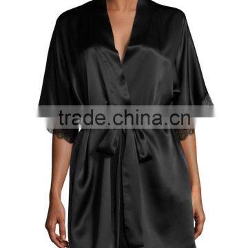 Wholesale & custom short kimono robe, wrap front silk satin robe, lace trim short robe