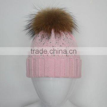 Myfur Baby Pink High Quality Wool Acrylic Knitting Hat and Cap With Raccoon Fur Ball Wholesale photo-2