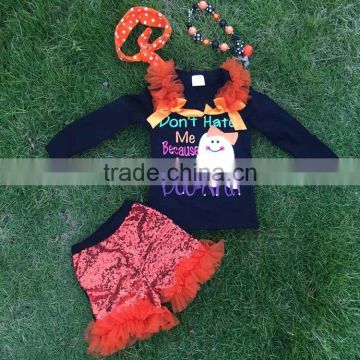 Halloween gost sequins short outfits girls print suit long sleeves top set with matching necklace and headbans set