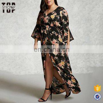 Wholesale clothing fat women dresses bell sleeves floral maxi dress plus size