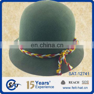 green 100% wool felt bucket hat with rope decoration