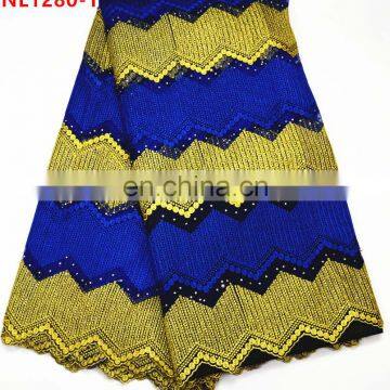 Pretty african lace fabrics gold and blue french net lace with stone for party dress