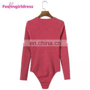 Latest Design Big Stock Dark Red Knitting Bodysuit Long Sleeves Women Sexy Jumpsuits Rompers photo-2