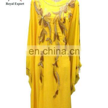 Royals REKFT151 Flowy Yellow Chiffon Gold Flower Leaf Beadings Embroidered Elegant Long Sleeve Evening Dress Kaftan 2014 2015