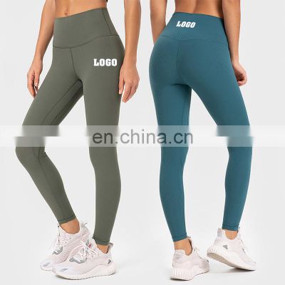 Custom Logo Wholesale Ribbed High Stretch Gym Yoga Fitness Tights Workout Running Training Sports Wear Legging Pants For Women