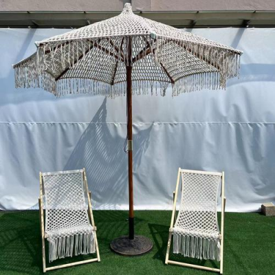 Outdoor scenic area park garden decorative parasol cotton rope woven hollow design sun umbrella net rope tassel umbrella