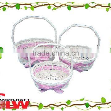 round pink gift wicker baskets with handle,cheap easter egg baskets wholesale,set of 3 round pink willow and wood chip basket