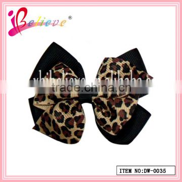 2013 Hot sale fashonable delicate charming animal leopard pattern no fade double layers ribbon bow hair clip (DW--0035)