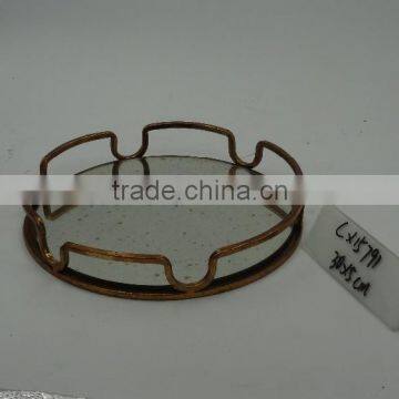 Small Golden Painted Round Metal Mirror Tray