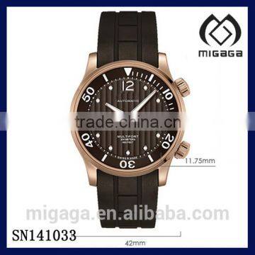 rose gold black rubber strap self wind mechanical watch for men sporty