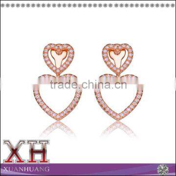 Guangzhou Factory Sterling Silver Cubic Zirconia Two Heart Earrings