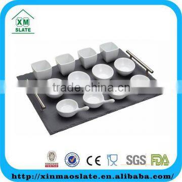 [factory direct] hot sale slate food serving salver slate serving tray with two stainless handles