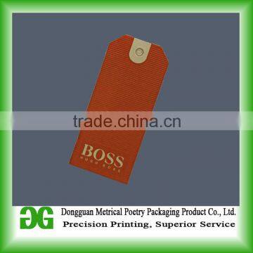 Custom delicate plastic hang tag with hook and wax cord for garments
