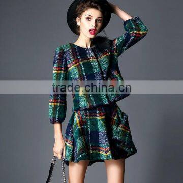 classic contrast color Plaid pattern wool furry collar latest coat designs for women