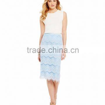 Allover Lace Scalloped Fashion Pencil Lace Blouse and Skirt