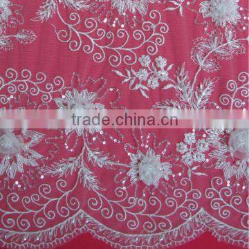 White Lace Fabric With Beads And Mesh 3D Flower