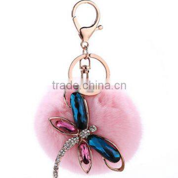 Natural real rabbit fur ball keychain plush fur pompon keychain with dragonfly