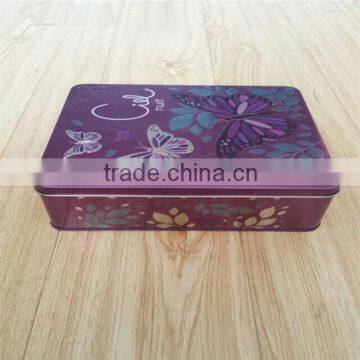 luxury metal storage tin box with purple butterfly printing