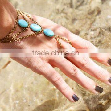 Vintage Celebrity Imitation Turquoise Slave Bracelet Finger Hand Ring