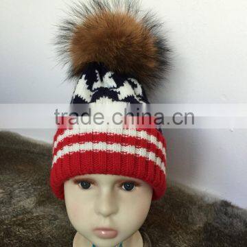 New York Style Baby Hats For Kids With Raccoon Fur Balls Knitted Baby Kids Hats