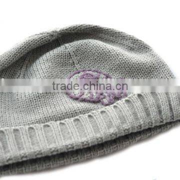 grey plain knit kid hat beanie with fish embroidery and rolled cuff