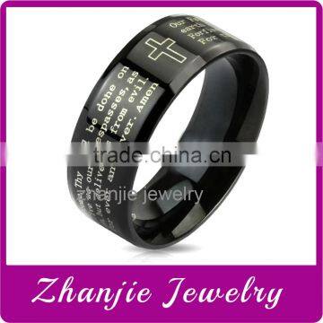 Top Quality Religious Jewelry Black Plating Stainless Steel Engraved Catholic Lord's Prayer Bible Cross Finger Ring For Muslim