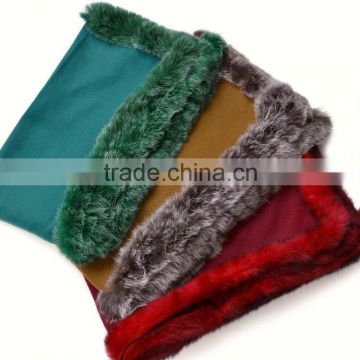 Colorful Pashmina Poncho with Rabbit Fur Trim Poncho for Elegant Ladies