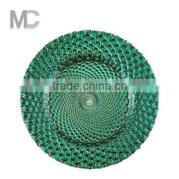 Wholesale Cheap Unique Catering Wedding Green Feather Glass Charger Plates