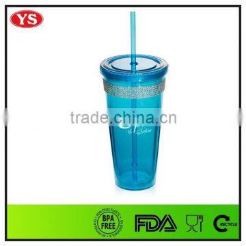 20 oz promotional double wall plastic bling mug with straw