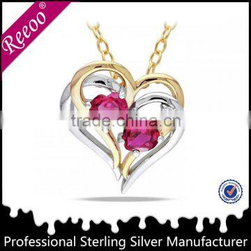 rhodium vermeil CZ pink color devils heart necklace 925 silver