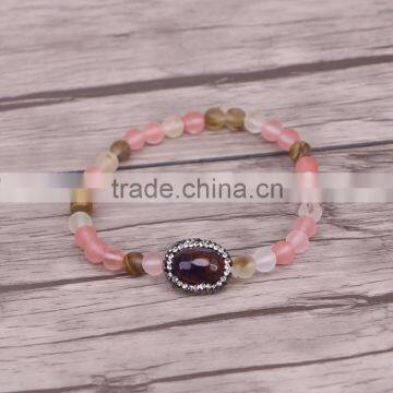 Natural Watermelon rind Striped Agate Stones Bracelets with Pave Crystal Agate Beads