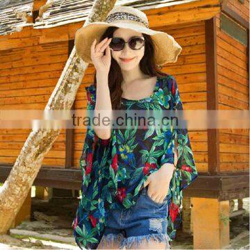 Ladies spoon neck floral print chiffon bat sleeve beach blouse