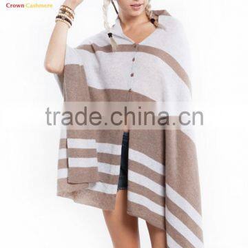 Cashmere Wool Knitted Poncho Shawls with Buttons Stripe Color Block Shawl