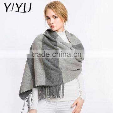 Women Elegant Soft Color Block Tassel Hem Wool Cashmere Wrap Shawl photo-4