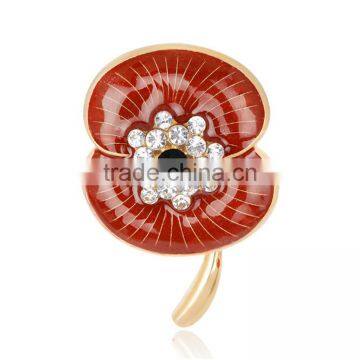 Brooch Red Gold Tone Poppy Brooches Flower Pin with Leaf Souvenir Gifts