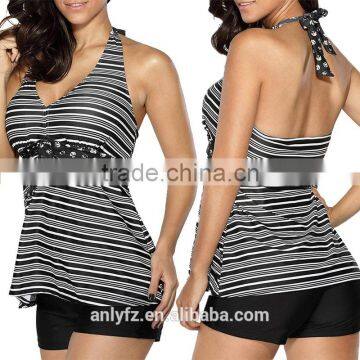 Plus Size Women Swimwear Wholesale Striped V Neck Halter Top and Black Shorts Tankini Swimsuit Set