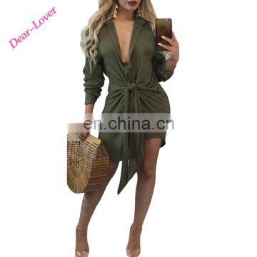 Army Green V-Neck Strappy Knot Tie Accent Button Down Mini Sexy Dress