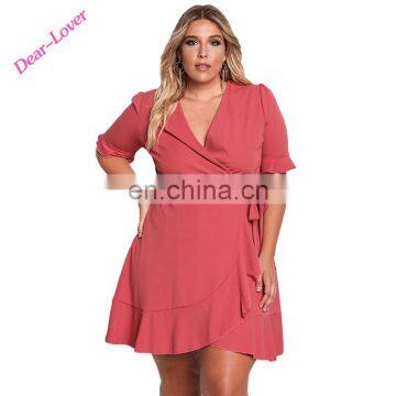 Fushia V-Neck Half Sleeve Surplice Wrap Plus Ruffle Dresses