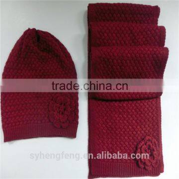 2015 new fashion two-pieces knitted hat and scarf with flower