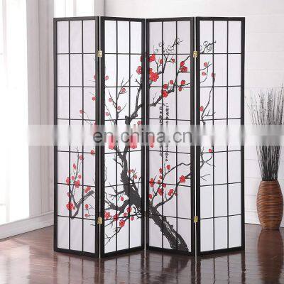 Furniture Black Japanese 4-Panel Screen Room Divider, Plum Blossom