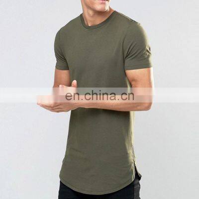 Army Green Side zipper Long line scooped hem Fashion T-shirt for men, custom printing t shirts