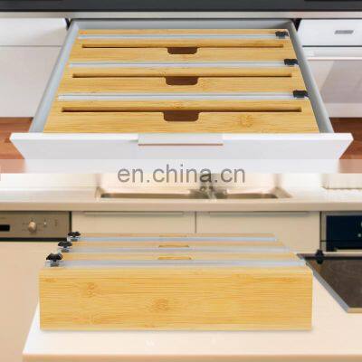 3 in 1 Bamboo Wall Mount Dispenser Wood Wrap Dispenser Kitchen Storage Drawers Organizer for Foil and Plastic Wrap With Cutter photo-4