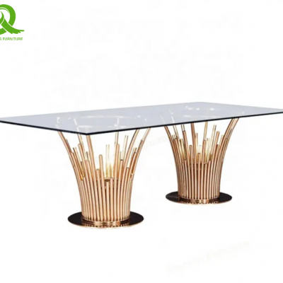 Stainless Steel Golden Wedding Tempered Glass Top Dining Table Hotel Dining Table