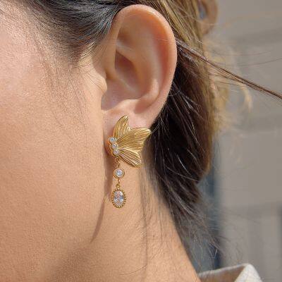 Gold Plated Stainless Steel Butterfly Drop Earrings for Women CZ Stone Dangle Earrings Waterproof Hypoallergenic Jewelry Wholesale photo-3