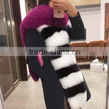 Black And White Stripe Patchwork Red Color 100% Real Fox Fur Muffler Scarf For Ladies